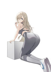 Rule 34 | 1girl, absurdres, ass, asuna (blue archive), bare arms, bare shoulders, blue archive, blue eyes, breasts, commentary request, cube, from behind, grey hair, grey pants, grin, highres, index finger raised, kneeling, large breasts, leggings, long hair, looking at viewer, looking back, pants, shoes, smile, sneakers, solo, sports bra, thighs, tungulamiantangxindan, very long hair, white footwear