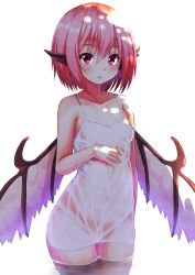 Rule 34 | 1girl, animal ears, blush, breasts, chemise, ebi 193, looking at viewer, md5 mismatch, mystia lorelei, pink hair, red eyes, revision, see-through, short hair, simple background, small breasts, solo, standing, touhou, wading, water, wet, white background, wings