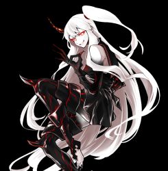 Rule 34 | 1girl, abyssal ship, aircraft carrier princess, armored boots, black background, black dress, boots, breasts, claws, colored skin, dress, grin, horns, kantai collection, long hair, nail polish, one side up, pale skin, red eyes, sailor collar, sailor dress, shide kouri, simple background, single horn, smile, solo, toenail polish, toenails, torn boots, torn clothes, white hair, white skin