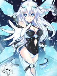 Rule 34 | 1girl, bare shoulders, battlesuit, black heart (neptunia), blue eyes, breasts, game console, glowing, glowing eyes, glowing wings, hair ornament, highres, long hair, looking at viewer, md5 mismatch, neptune (series), noire (neptunia), playstation 5, playstation symbols, self-upload, signature, smile, solo, spleeny, standing, symbol-shaped pupils, symbol in eye, white hair, wings