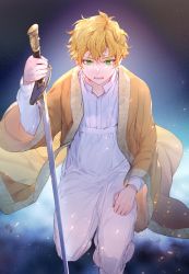 Rule 34 | 1boy, achan (blue semi), blonde hair, blue background, coat, feet out of frame, green eyes, hand on own thigh, hand up, highres, holding, holding sword, holding weapon, jeremy von neuschwanstein, long sleeves, looking at viewer, looking up, male focus, on one knee, open mouth, pants, sleepwear, solo, sword, the fantasie of a stepmother, weapon, white pants, wide sleeves, yellow coat