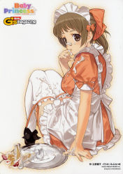 Rule 34 | 10s, 1girl, amatsuka hotaru, apron, baby princess, blush, bow, breasts, brown eyes, brown hair, cream, dress, fallen down, food, frills, from behind, fruit, hair bow, hairband, highres, legs up, long hair, looking back, maid, maid apron, maid headdress, mibu natsuki, open mouth, pastry, ponytail, ribbon, scan, sitting, skirt, solo, strawberry, suggestive fluid, thighhighs, tray, white thighhighs, zettai ryouiki