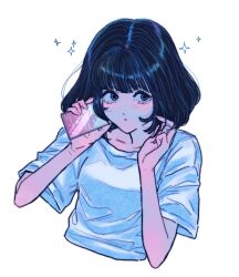 Rule 34 | 1girl, absurdres, black hair, blue eyes, closed mouth, fingernails, hands up, highres, holding, original, shirt, short hair, short sleeves, simple background, solo, upper body, white background, white shirt, yosh1to