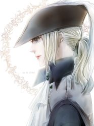 Rule 34 | 1girl, ascot, backlighting, blonde hair, bloodborne, blue eyes, hat, highres, itsuki (itsukiovo), lady maria of the astral clocktower, lips, lipstick, makeup, md5 mismatch, ponytail, portrait, profile, resized, solo, the old hunters