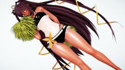 Rule 34 | 1girl, 3d, animal ears, animal print, arm support, artist request, bare legs, bare shoulders, barefoot, bikini, blush, breasts, brown eyes, brown hair, cat ears, cat print, fake animal ears, hair ribbon, highres, long hair, looking at viewer, mizuki yukikaze, official alternate costume, one-piece tan, ribbon, small breasts, solo, standing, swimsuit, taimanin (series), taimanin rpgx, taimanin yukikaze, tan, tanline, thong bikini, very long hair