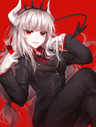 Rule 34 | 1girl, absurdres, alcohol, bad id, bad pixiv id, black jacket, black pants, breasts, business suit, champagne flute, cup, demon girl, demon horns, demon tail, drinking glass, formal, gloves, hands up, helltaker, highres, holding, horns, jacket, long hair, long sleeves, looking at viewer, lucifer (helltaker), medium breasts, mole, mole under eye, necktie, open mouth, pants, red background, red eyes, red shirt, shirt, silver hair, simple background, smile, solo, suit, tail, takano jiyuu, tiara, white gloves, wine