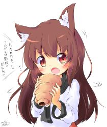 Rule 34 | &gt;:o, 1girl, aged down, animal ear fluff, animal ears, brown hair, dated, dress, flying sweatdrops, highres, imaizumi kagerou, long hair, long sleeves, red eyes, sweatdrop, touhou, translation request, v-shaped eyebrows, wolf ears, yaminabe (honnouji no kaninabe)