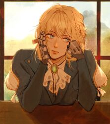 Rule 34 | 1girl, arm support, averting eyes, blonde hair, blue eyes, braid, expressionless, green brooch, hair ribbon, hand in own hair, highres, indoors, looking afar, mechanical arms, medium hair, myrthena, puffy sleeves, red ribbon, ribbon, solo, table, violet evergarden, violet evergarden (series), window