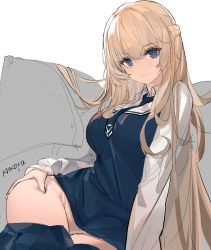Rule 34 | 1girl, azur lane, blonde hair, blouse, blue eyes, blue necktie, blue shirt, blue skirt, blush, braid, breasts, clothes pull, commentary, eyelashes, french braid, glorious (azur lane), glorious (glorious school life) (azur lane), groin, hand on own hip, hand on own thigh, highres, kincora, long hair, looking at viewer, medium breasts, necktie, no panties, pillow, shirt, sketch, skirt, skirt pull, smile, solo, thighs, white background, wide hips