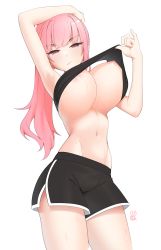 Rule 34 | 1girl, absurdres, arm up, armpits, breasts, cleavage, clothes lift, dolphin shorts, highres, hololive, hololive english, kijikoru, large breasts, long hair, looking at viewer, mori calliope, navel, nipples, pink hair, red eyes, shirt lift, short hair, shorts, simple background, solo, sweat, virtual youtuber, white background