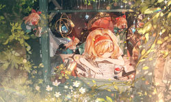 Rule 34 | 1girl, alice margatroid, armillary sphere, blanket, blonde hair, blue dress, capelet, chair, covering with blanket, doll, dress, closed eyes, feathers, flower, hairband, highres, ink, open window, pen, plant, puffy short sleeves, puffy sleeves, rokusai, shanghai doll, short sleeves, sleeping, tea, touhou, vines, window