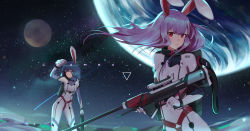 Rule 34 | 2girls, absurdres, alternate costume, animal ears, arm up, blue hair, bodysuit, breasts, commentary request, covered navel, feet out of frame, floating hair, gun, highres, holding, holding weapon, looking at viewer, low twintails, medium breasts, moon, multiple girls, on moon, planet, purple hair, rabbit ears, red eyes, reisen udongein inaba, rifle, seiran (touhou), short hair, sky, small breasts, space, standing, star (sky), starry sky, thighs, touhou, twintails, upper body, weapon, white bodysuit, wrist cuffs, xtears kitsune