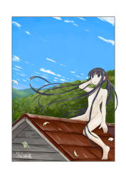 Rule 34 | 1girl, barefoot, black eyes, black hair, blue sky, collarbone, completely nude, convenient censoring, dated, day, flat chest, floating hair, hair ribbon, hand on own head, highres, leaf, long hair, looking up, nipples, no nose, nude, on roof, open mouth, original, outdoors, ponytail, red ribbon, ribbon, roreru (rorerore-ya), sidelocks, signature, sitting, sky, solo, very long hair, wind