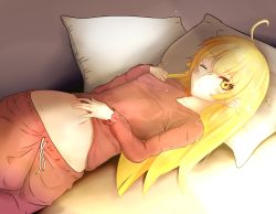 Rule 34 | 1girl, absurdres, bed, blonde hair, breasts, flat chest, highres, light rays, long hair, looking at viewer, lying, messy hair, monogatari (series), on back, one eye closed, oshino shinobu, pajamas, pillow, red pajamas, sleepwear, small breasts, solo, sunbeam, sunlight, unstableboiler, waking up, yellow eyes