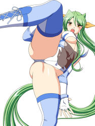 Rule 34 | 1girl, blush, boots, breasts, detached sleeves, female focus, fingerless gloves, gloves, green hair, hair ribbon, kicking, leg up, leotard, long hair, noppo-san, open mouth, ponytail, pov, ribbon, sakurai chisato, solo, spread legs, standing, standing on one leg, thighhighs, very long hair, wrestle angels, wrestle angels survivor, wrestle angels survivor 2, wrestling outfit, yellow eyes