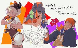 Rule 34 | 1boy, 2girls, bea (pokemon), black bodysuit, black hairband, black hoodie, blush, bodysuit, bodysuit under clothes, bow hairband, brown hair, closed eyes, collared shirt, commentary request, creatures (company), dark-skinned male, dark skin, dynamax band, fork, game freak, gen 4 pokemon, gen 7 pokemon, gen 8 pokemon, gloria (pokemon), gloves, grey eyes, grey hair, grookey, gym leader, hair between eyes, hairband, highres, holding, holding fork, holding plate, holding poke ball, hood, hoodie, knee pads, maemaesp, mudsdale, multiple girls, nintendo, orange headwear, parted lips, partially colored, plate, poke ball, pokemon, pokemon (creature), pokemon swsh, print shirt, raihan (pokemon), rotom, rotom phone, shirt, short hair, short sleeves, single glove, smile, teapot, tied shirt, translation request, ultra ball