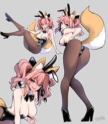 Rule 34 | absurdres, alternate costume, alternate hairstyle, animal ear fluff, animal ears, ass, black leotard, breasts, commentary, detached collar, fake animal ears, fang, fate (series), fishnet pantyhose, fishnets, fox ears, fox girl, fox tail, high heels, highleg, highleg leotard, highres, large breasts, leotard, multiple views, nipples, one eye closed, pantyhose, pink hair, playboy bunny, pulling own clothes, rabbit ears, smile, strapless, strapless leotard, tail, tamamo (fate), tamamo no mae (fate/extra), two side up, wisespeak, wrist cuffs, yellow eyes