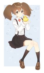 Rule 34 | 1girl, bad id, bad twitter id, black skirt, black socks, brown eyes, brown hair, collared shirt, commentary request, highres, kantai collection, kneehighs, loafers, long sleeves, looking at viewer, magatama, miniskirt, no headwear, pleated skirt, rubber duck, ryuujou (kancolle), shiosoda, shirt, shoes, sitting, skirt, smile, socks, solo, suspender skirt, suspenders, twintails, white socks