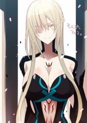 Rule 34 | 1girl, blonde hair, braid, breasts, cleavage, closed mouth, collarbone, colored eyelashes, commentary request, crown braid, dress, fate/apocrypha, fate (series), huge breasts, long hair, looking at viewer, morgan le fay (fate), nogi (acclima), pale skin, shaded face, smile, solo, translation request, very long hair, yellow eyes