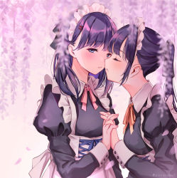 Rule 34 | 2girls, apron, black dress, blue eyes, blurry, blurry foreground, blush, breasts, closed eyes, collared dress, commentary request, depth of field, dress, fingernails, flower, hair ornament, hairclip, highres, holding hands, imminent kiss, interlocked fingers, juliet sleeves, long hair, long sleeves, maid, maid apron, maid headdress, multiple girls, neck ribbon, orange ribbon, original, parted lips, pierorabu, pink ribbon, puffy sleeves, purple flower, purple hair, ribbon, small breasts, twitter username, upper body, white apron, yuri