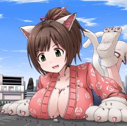 Rule 34 | 10s, 1girl, animal ears, animal hands, breast rest, breasts, brown hair, cat ears, cat paws, cat tail, city, cleavage, day, fang, giant, giantess, gloves, green eyes, hair ribbon, highres, huge breasts, idolmaster, idolmaster cinderella girls, japanese clothes, kimono, large breasts, lying, maekawa miku, multiple tails, open clothes, open kimono, open mouth, paw gloves, paw shoes, people, ponytail, ribbon, shibuya rin, shoes, sky, solo focus, sweat, tail, terada ochiko, translation request, two tails
