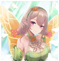 Rule 34 | 1girl, bare shoulders, blonde hair, blush, breasts, bug, butterfly, cleavage, elf, fairy wings, fire emblem, fire emblem heroes, flower, gradient clothes, gradient hair, hair flower, hair ornament, halterneck, insect, jewelry, large breasts, leaf, leaf background, leonmandala, long hair, multicolored hair, nintendo, peony (fire emblem), pointy ears, portrait, purple eyes, sleeveless, smile, solo, twintails, upper body, wings