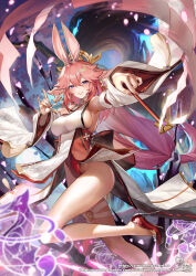 Rule 34 | 1girl, animal ears, armpits, artist name, breasts, cherry blossoms, detached sleeves, earrings, floppy ears, foot out of frame, fox ears, fox shadow puppet, full body, genshin impact, gohei, highleg, highleg leotard, highres, holding, holding gohei, japanese clothes, jewelry, knee up, large breasts, leg up, leotard, nontraditional miko, outstretched arm, patreon username, pink hair, purple eyes, rabbit ears, red footwear, red leotard, red nails, shirt, sideboob, signature, siriuflong, solo, thigh strap, vision (genshin impact), white shirt, wide sleeves, yae miko