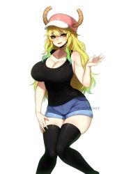 Rule 34 | 10s, 1girl, bad id, bad pixiv id, black thighhighs, blonde hair, blue hair, blush, breasts, cleavage, denim, denim shorts, full body, green hair, hat, horns, kobayashi-san chi no maidragon, large breasts, long hair, looking at viewer, lucoa (maidragon), multicolored hair, parted lips, red hat, shorts, simple background, smile, solo, terupancake, thighhighs, white background
