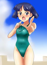 Rule 34 | 10s, 1girl, absurdres, aqua one-piece swimsuit, black eyes, black hair, blunt bangs, bob cut, competition swimsuit, covered navel, cowboy shot, foreshortening, girls und panzer, highres, looking at viewer, nanao futaba, one-piece swimsuit, open mouth, pointing, short hair, solo, sono midoriko, standing, swimsuit, thigh gap, whistle
