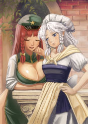 Rule 34 | 2girls, alternate costume, amibazh, apron, beret, blue eyes, braid, breast rest, breasts, head rest, cleavage, closed eyes, hand on own hip, hat, highres, hong meiling, huge breasts, izayoi sakuya, leaf, lipstick, long hair, makeup, multiple girls, red hair, red lips, short hair, side slit, silver hair, star (symbol), touhou, twin braids, waist apron