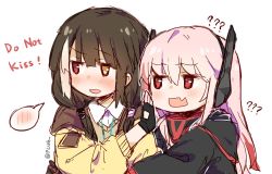 2girls ? ?? black_hair rejected_kiss blush english_text fingerless_gloves girls&#039;_frontline gloves heterochromia imminent_kiss m4_sopmod_ii_(girls&#039;_frontline) multiple_girls pink_hair plug_(feng-yushu) ro635_(girls&#039;_frontline) simple_background twitter_username white_background