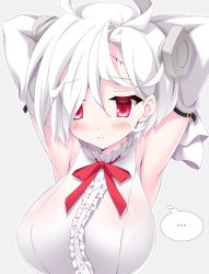 Rule 34 | ..., 1girl, ahoge, armpits, arms up, azur lane, bare shoulders, blush, bolt, bow, breasts, center frills, closed mouth, commentary request, detached sleeves, frills, grey background, hair between eyes, highres, large breasts, long sleeves, looking at viewer, red bow, red eyes, simple background, solo, spoken ellipsis, taira takehiro, terror (azur lane), thought bubble, upper body, white hair, white sleeves