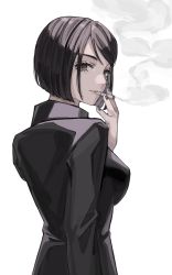Rule 34 | 1girl, aged down, bad id, bad twitter id, black hair, black jacket, black nails, breasts, cigarette, eyelashes, from behind, highres, holding, holding cigarette, ieiri shoko, jacket, jujutsu kaisen, lips, looking at viewer, looking back, medium breasts, mole, mole under eye, nail polish, parted bangs, short hair, simple background, smile, smoking, solo, ulov390, upper body, white background