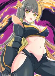 Rule 34 | 1girl, antennae, black hair, black panties, blonde hair, breasts, cleavage, clothing cutout, commentary request, cowboy shot, crop top, duel monster, gauntlets, highres, hime cut, light blush, long hair, looking at viewer, medium breasts, midriff, mitsu the insect ninja, multicolored hair, navel, panties, sidelocks, signature, smile, solo, standing, streaked hair, thigh cutout, thong, tongue, tongue out, underwear, usuba kagerou (shougyouchu), very long hair, yellow eyes, yu-gi-oh!