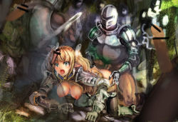 Rule 34 | 1girl, alber, all fours, aqua eyes, armor, blonde hair, breasts, breasts out, censored, elf, group sex, hanging breasts, helmet, knight, long hair, multiple boys, open mouth, pointy ears, puffy nipples, rape, screaming, sex, tears, twintails, warrior, x-ray