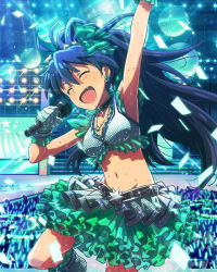 Rule 34 | 10s, 1girl, ^ ^, arm up, armpits, audience, black hair, blush, closed eyes, crop top, earrings, closed eyes, fang, frills, ganaha hibiki, gloves, glowstick, idolmaster, idolmaster (classic), idolmaster million live!, jewelry, microphone, midriff, music, navel, necklace, official art, open mouth, pendant, ponytail, singing, skirt, smile, stage, sweat, wireless