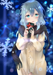 Rule 34 | 1girl, absurdres, alternate hairstyle, aqua eyes, aqua hair, black scarf, blue background, blurry, blurry background, blush, christmas, coat, commentary request, depth of field, double-parted bangs, eyelashes, fringe trim, gift, hair between eyes, hair ornament, hairclip, hands up, heart, highres, holding, holding gift, jewelry, long hair, looking at viewer, open mouth, plaid, plaid scarf, purunyara, red ribbon, ribbon, riddle joker, ring, scarf, shikibe mayu, sleeves past wrists, smile, snowflakes, snowing, solo, straight-on, visible air, wavy hair, wedding ring, winter, yellow coat