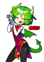 Rule 34 | 1girl, absurdres, black pants, blush, china dress, chinese clothes, draco centauros, dragon girl, dragon horns, dragon tail, dragon wings, dress, elbow gloves, closed eyes, facing viewer, fang, gloves, green hair, highres, horns, looking at viewer, offbeat, open mouth, pants, pointy ears, puyopuyo, red dress, short hair, smile, solo, tail, white gloves, wings