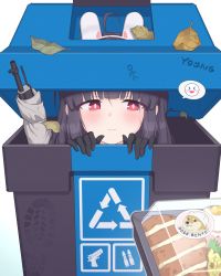 Rule 34 | 1girl, absurdres, ahoge, animal ears, bento, black gloves, black hair, blue archive, blush, closed mouth, doge, food, gloves, gun, highres, leaf, long hair, miyu (blue archive), rabbit ears, red eyes, rifle, simple background, trash can, twig, weapon, white background, y0ung
