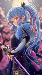 Rule 34 | 1girl, absurdres, armor, ayaka (genshin impact), blue eyes, blue hair, blurry, blurry background, breastplate, bridal gauntlets, faulds, floating hair, from behind, genshin impact, hair ribbon, highres, holding, holding sword, holding weapon, long hair, looking at viewer, looking back, mole, mole under eye, moon, origami yakko, pink ribbon, ponytail, red ribbon, ribbon, solo, standing, sword, very long hair, weapon