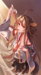 Rule 34 | 10s, 1girl, ahoge, bare shoulders, blush, boots, breasts, brown hair, collarbone, cowboy shot, cup, decantering, detached sleeves, double bun, ecens, female focus, frilled skirt, frills, hair ornament, hairband, hand on own chest, headgear, highres, kantai collection, kongou (kancolle), large breasts, light rays, long hair, looking at viewer, naughty face, no bra, nontraditional miko, off shoulder, pouring, ribbon-trimmed sleeves, ribbon trim, skirt, smile, solo, spilling, tea, teacup, thigh boots, thighhighs, tongue, tongue out