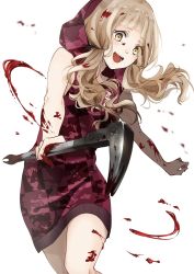 Rule 34 | 1girl, 2554nnko, blonde hair, blood, blood on face, blood splatter, blunt bangs, blush, crowbar, happy, highres, holding, holding crowbar, holding weapon, long hair, looking at viewer, low twintails, md5 mismatch, open mouth, red riding hood (sinoalice), resolution mismatch, simple background, sinoalice, solo, source larger, twintails, wavy hair, weapon, white background, yellow eyes