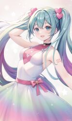 Rule 34 | 1girl, absurdres, aqua eyes, aqua hair, bare shoulders, hatsune miku, highres, long hair, looking at viewer, narijade, open mouth, simple background, smile, solo, twintails