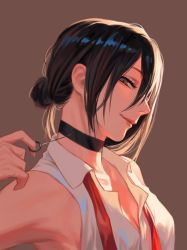 Rule 34 | 1girl, bare shoulders, black choker, black hair, brown background, chainsaw man, chinese commentary, choker, collared shirt, commentary request, from side, grenade pin, grey eyes, hair between eyes, hair bun, half-closed eyes, hand up, highres, long bangs, looking at viewer, necktie, portrait, red necktie, reze (chainsaw man), shirt, short hair, simple background, single hair bun, sleeveless, sleeveless shirt, smile, solo, undone necktie, white shirt, yuan di shaobing