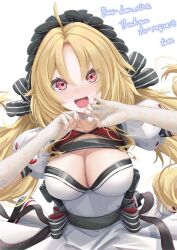 Rule 34 | 1girl, ahoge, black hairband, black ribbon, blonde hair, blush, breasts, cleavage, commentary, commentary request, commission, dress, embarrassed, eyebrows hidden by hair, fingerless gloves, frilled hairband, frills, girls&#039; frontline, gloves, hair ribbon, hairband, long hair, looking at viewer, open mouth, red eyes, ribbon, s-acr (girls&#039; frontline), simple background, skeb commission, solo, straight-on, thank you, torzzei, upper body, wavy mouth, white background, white dress, white gloves