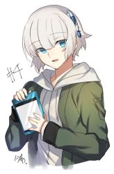 Rule 34 | 10s, 1girl, :d, artist name, blue eyes, casual, cd case, gloves, hair ornament, hood, hoodie, jacket, looking at viewer, meteora osterreich, nikame, open mouth, re:creators, short hair, signature, smile, solo, white hair