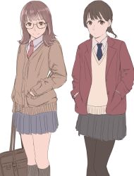 Rule 34 | 2girls, bad id, bad pixiv id, bag, black socks, brown cardigan, brown eyes, brown hair, cardigan, closed mouth, diagonal-striped clothes, diagonal-striped necktie, diagonal-striped neckwear, glasses, hand in pocket, hands in pockets, highres, holding, holding bag, jacket, kneehighs, looking at viewer, multiple girls, necktie, original, pantyhose, pleated skirt, red jacket, red neckwear, saitou (lynx-shrike), school bag, school uniform, simple background, skirt, smile, socks, standing, striped clothes, striped neckwear, sweater, sweater vest, unbuttoned, white background
