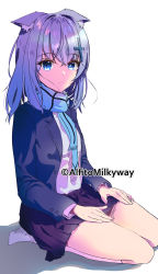 Rule 34 | 1girl, absurdres, alfito milkyway, animal ear fluff, animal ears, black skirt, blazer, blue archive, blue hair, blue scarf, cat ears, closed mouth, cross, ears down, full body, hair ornament, hair strand, highres, jacket, long sleeves, looking at viewer, medium hair, messy hair, necktie, open clothes, open jacket, plaid, plaid scarf, pleated skirt, purple eyes, scarf, shiroko (blue archive), shirt, sidelocks, sitting, skirt, smile, solo, thighhighs, thighs, twitter username, white background, white shirt, white thighhighs