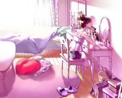 Rule 34 | 1girl, aiko (aiko 54), applying makeup, bad id, bad pixiv id, barefoot, bed, bed sheet, bedroom, bloom, box, brown hair, camisole, chair, cherry print, clothing cutout, cosmetics, curtains, cushion, cutoffs, food print, frilled pillow, frills, from side, hair bun, heart, heart cutout, heart-shaped pillow, holding, indoors, lamp, lipstick, lipstick tube, looking at mirror, lotion bottle, makeup, makeup brush, mat, midriff, mirror, nail polish, nail polish bottle, nape, original, panties, panty peek, pillow, pink theme, profile, rug, shorts, single hair bun, sitting, sleeveless, slippers, unworn slippers, solo, spaghetti strap, sunlight, table, toenail polish, toenails, trash can, underwear, vanity table, wooden floor