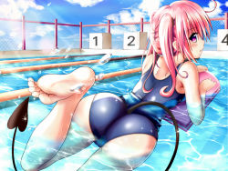 Rule 34 | 10s, 1girl, :o, ass, barefoot, chain-link fence, cloud, day, demon tail, feet, female focus, fence, foot focus, from behind, kickboard, lane line, light rays, long hair, looking back, nana asta deviluke, one-piece swimsuit, outdoors, partially submerged, pink eyes, pink hair, pool, school swimsuit, sideways mouth, soles, solo, sunbeam, sunlight, swimming, swimsuit, tail, to love-ru, to love-ru darkness, toes, twintails, water, water drop, xyomouse